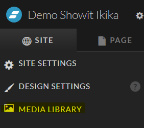Comment accéder à la bibliothèque des fichiers sur Showit depuis l'onglet site, bouton "media library". Source ikika.co