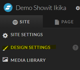 Comment accéder à design settings sur Showit. C'est l'endroit ou on configure sont identité visuelle. Source ikika.co