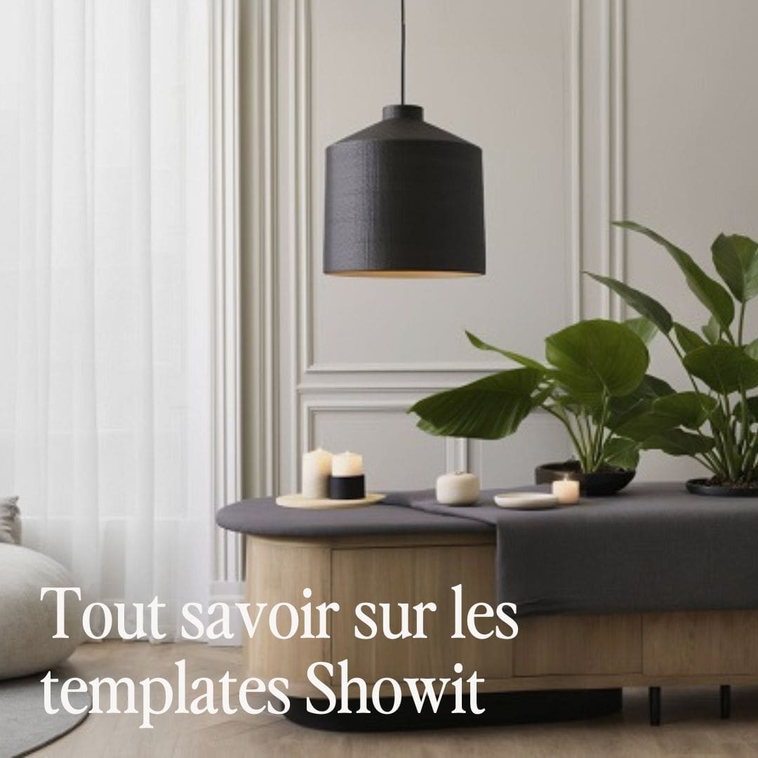 Phot de couverture de l'article "tout savoir sur les templates Showit". Montre en arrière plan la photo d'un bureau très moderner avec un beau lustre. En premier plan c'est un texte qui dit "Tout savoir sur les templates Showit"